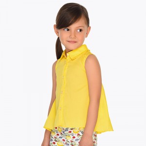 Cămașă galbena Mayoral pentru fetiță, fără mâneci, poplin lejer cu guler clasic și nasturi, 3107PV19GBL2